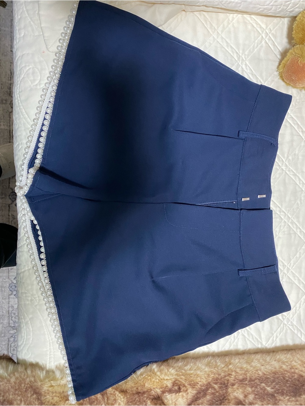 Women’s Navy Pearl-Trim High-Waist Shorts